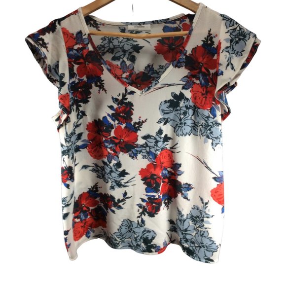 Size: XL - Blue/Red/White Floral Print V Neck Blouse w/ Ruffle Cap Sleeve - Picture 1 of 1